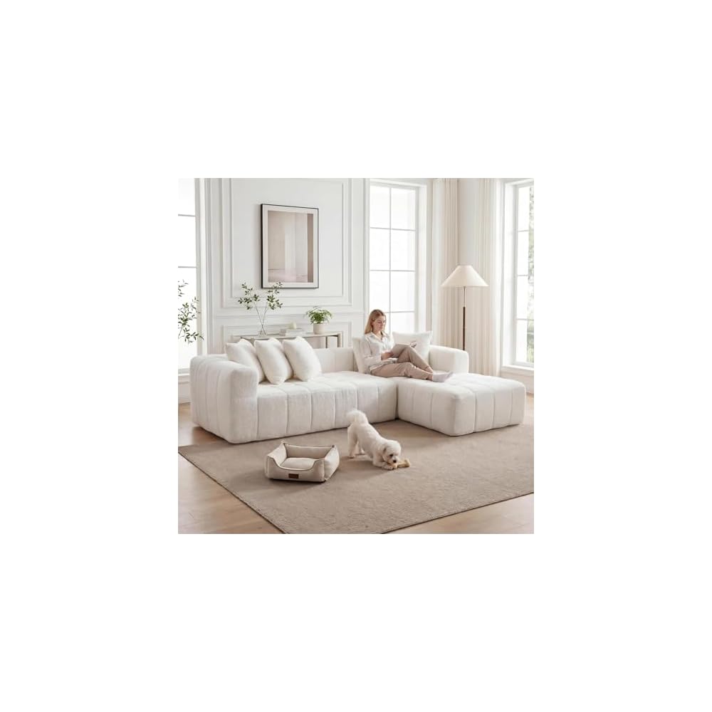 108 Inch Oversized Modular Sectional Sofa, L-Shaped Floor Couch with Extra Deep Seats, Modern Minimalist Upholstered Sofa, No Assembly Sofa Couch for Living Room, Bedroom, Apartment (Right-White)