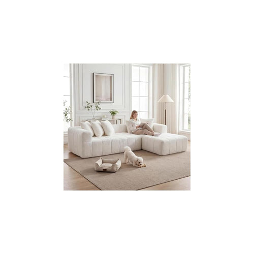 108 Inch Oversized Modular Sectional Sofa, L-Shaped Floor Couch with Extra Deep Seats, Modern Minimalist Upholstered Sofa, No Assembly Sofa Couch for Living Room, Bedroom, Apartment (Right-White)