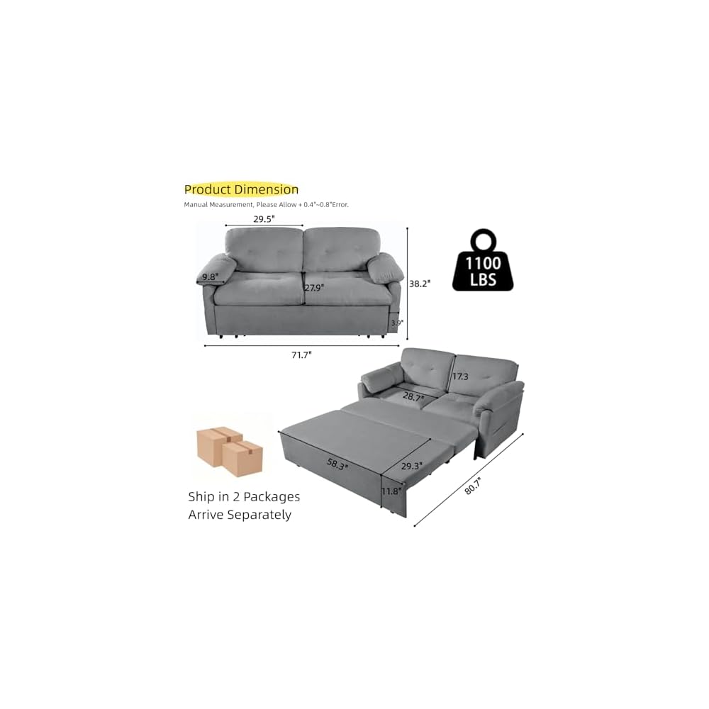 71.7" Convertible Pull Out Sofa Bed Queen Size, 3-in-1 Chenille Loveseat Sofa Couch with Storage, Sleeper Couch for Living Room, Bedroom, Apartment, Office, Small Spaces,Gray