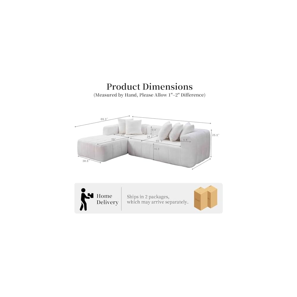 108 Inch Oversized Modular Sectional Sofa, L-Shaped Floor Couch with Extra Deep Seats, Modern Minimalist Upholstered Sofa, No Assembly Sofa Couch for Living Room, Bedroom, Apartment (Right-White)