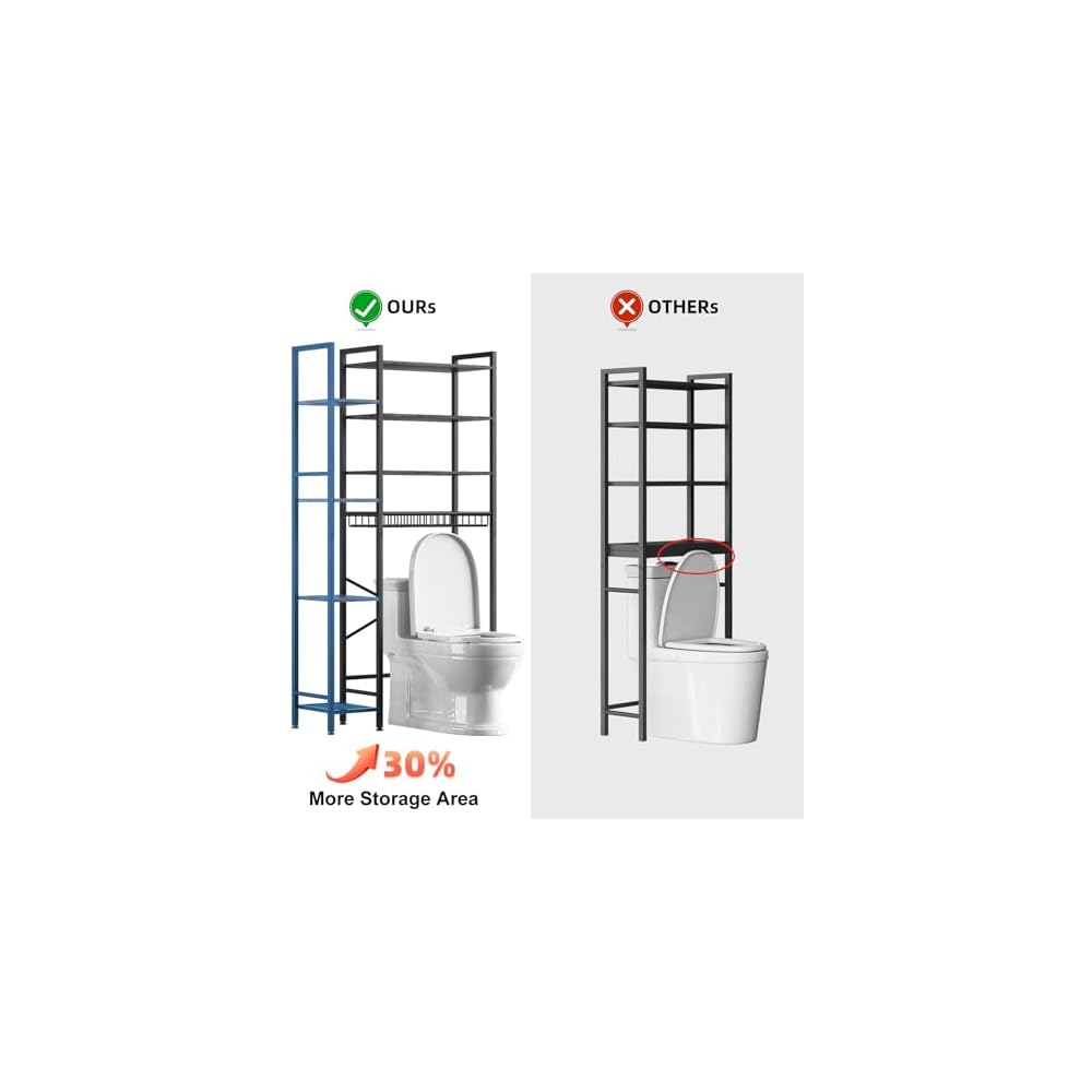 Kalrin 8-Tier Over The Toilet Storage with Side Rack, Over Toilet Storage Rack with Adjustable Shelf & Drain Basket, Freestanding Bathroom Organizer for Balcony, Laundry (Modern Grey)