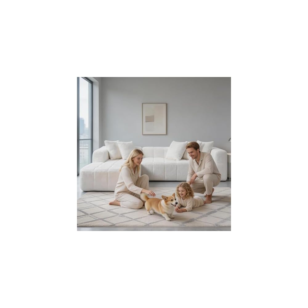 108 Inch Oversized Modular Sectional Sofa, L-Shaped Floor Couch with Extra Deep Seats, Modern Minimalist Upholstered Sofa, No Assembly Sofa Couch for Living Room, Bedroom, Apartment (Right-White)