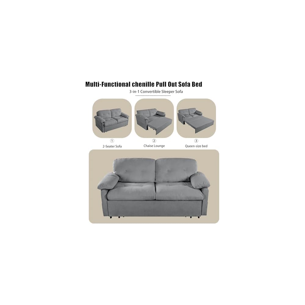 71.7" Convertible Pull Out Sofa Bed Queen Size, 3-in-1 Chenille Loveseat Sofa Couch with Storage, Sleeper Couch for Living Room, Bedroom, Apartment, Office, Small Spaces,Gray