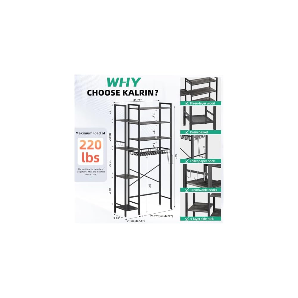 Kalrin 8-Tier Over The Toilet Storage with Side Rack, Over Toilet Storage Rack with Adjustable Shelf & Drain Basket, Freestanding Bathroom Organizer for Balcony, Laundry (Modern Grey)