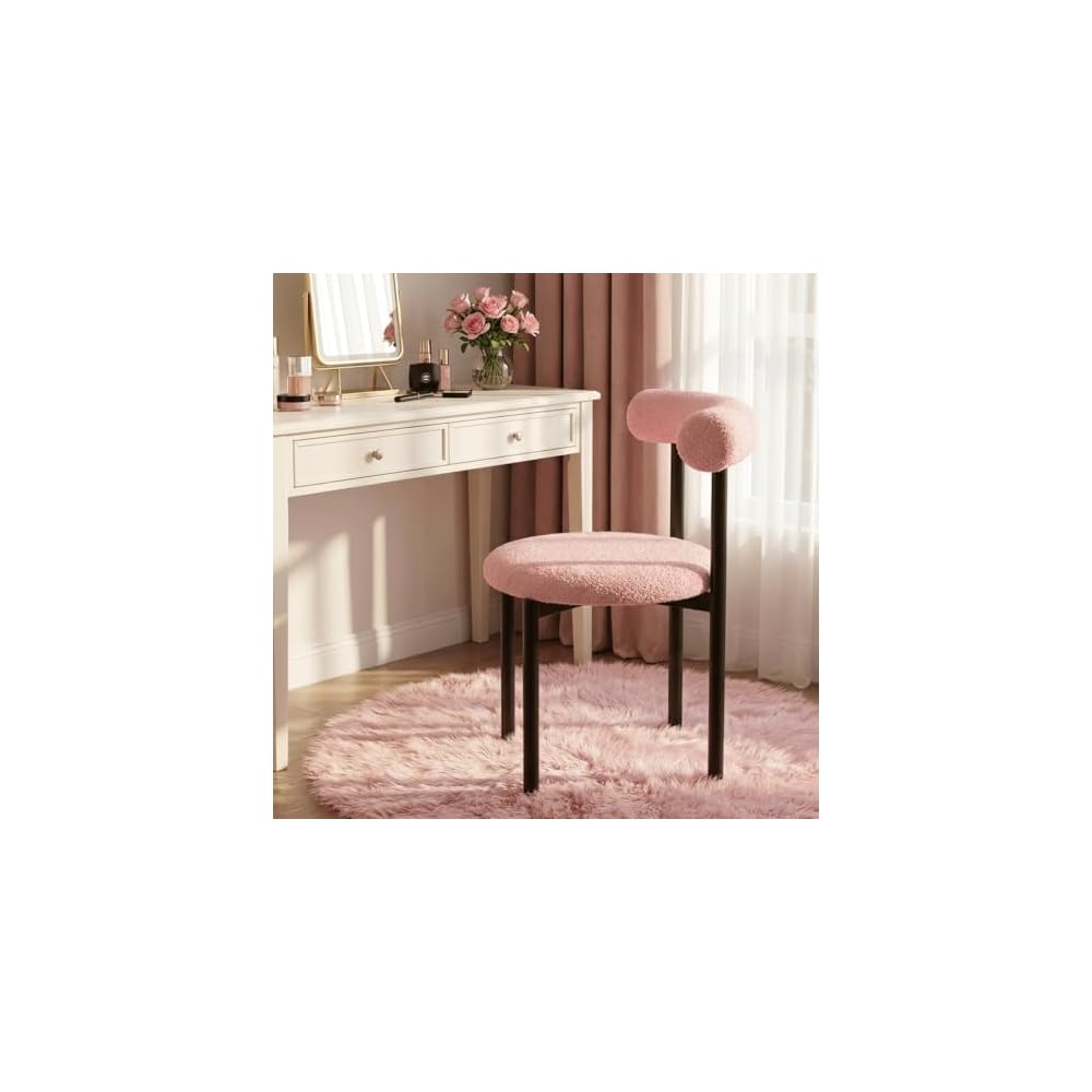 Black Vanity Chair, Boucle Desk Chair with Back for Bedroom