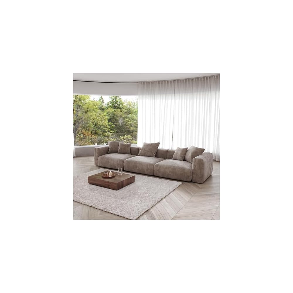 JACH 142" Sectional Couch Sofa with 5 Pillows, Corduroy Modular Sectional Couch, Cushion Covers Removable, Soft Sofas Couches for Living Room, Office, Apartment, Light Brown
