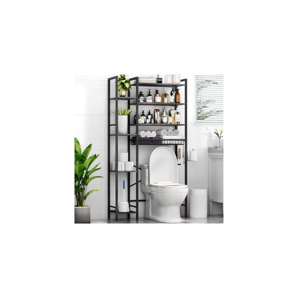 Kalrin 8-Tier Over The Toilet Storage with Side Rack, Over Toilet Storage Rack with Adjustable Shelf & Drain Basket, Freestanding Bathroom Organizer for Balcony, Laundry (Modern Grey)