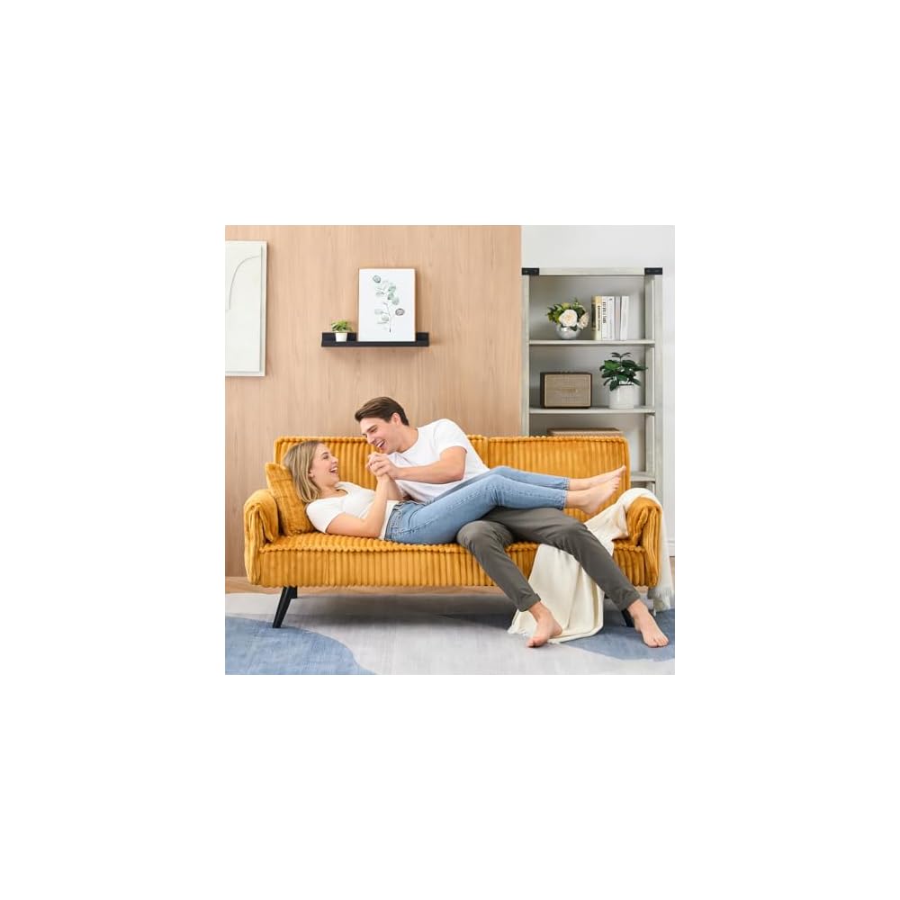 72'' Futon Sofa Bed,Convertible Sleeper Couch with Adjustable Backrest,Corduroy Comfortable Double Couple Lounge Chair,With a Pillow and Cup Holder,Ldeal for Small Spaces,Living Rooms (Orange)