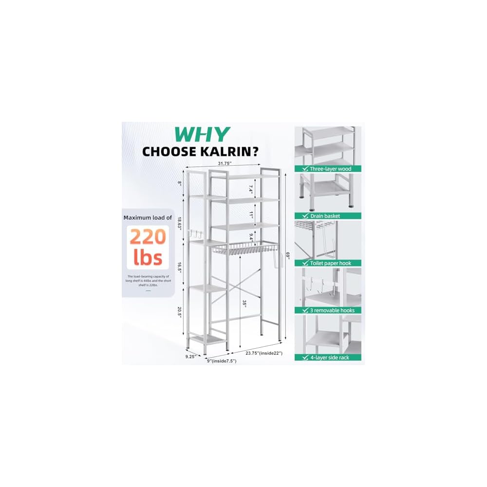 Kalrin 8-Tier Over The Toilet Storage with Side Rack, Over Toilet Storage Rack with Adjustable Shelf & Drain Basket, Freestanding Bathroom Organizer for Balcony, Laundry (Modern Grey)