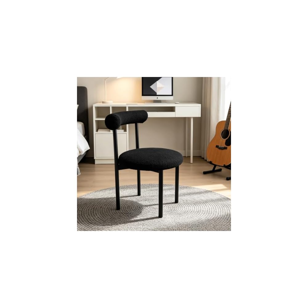 Black Vanity Chair, Boucle Desk Chair with Back for Bedroom