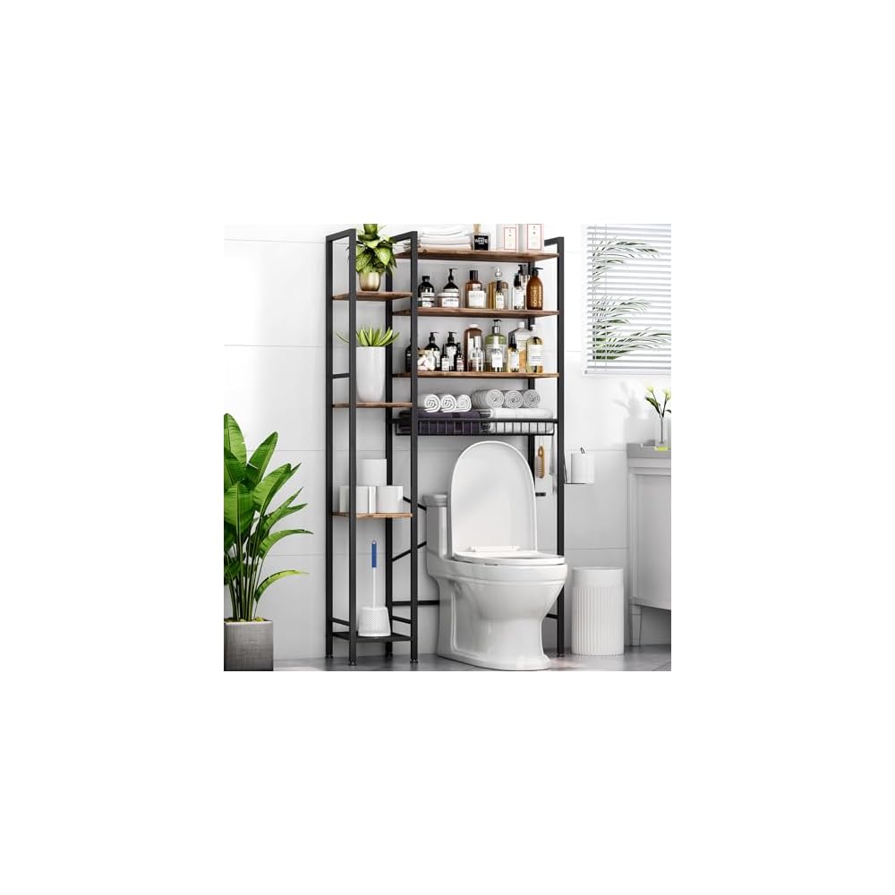 Kalrin 8-Tier Over The Toilet Storage with Side Rack, Over Toilet Storage Rack with Adjustable Shelf & Drain Basket, Freestanding Bathroom Organizer for Balcony, Laundry (Modern Grey)