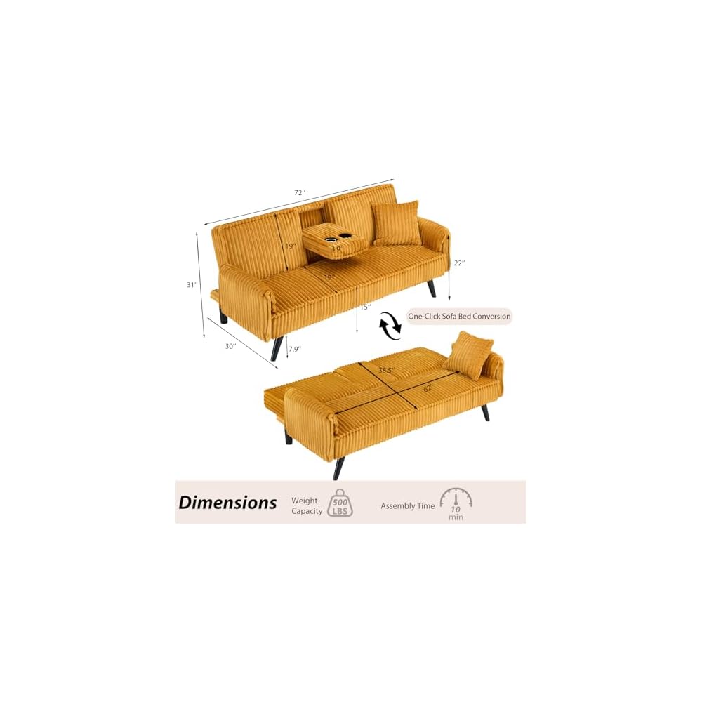 72'' Futon Sofa Bed,Convertible Sleeper Couch with Adjustable Backrest,Corduroy Comfortable Double Couple Lounge Chair,With a Pillow and Cup Holder,Ldeal for Small Spaces,Living Rooms (Orange)