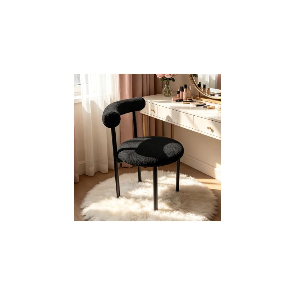 Black Vanity Chair, Boucle Desk Chair with Back for Bedroom