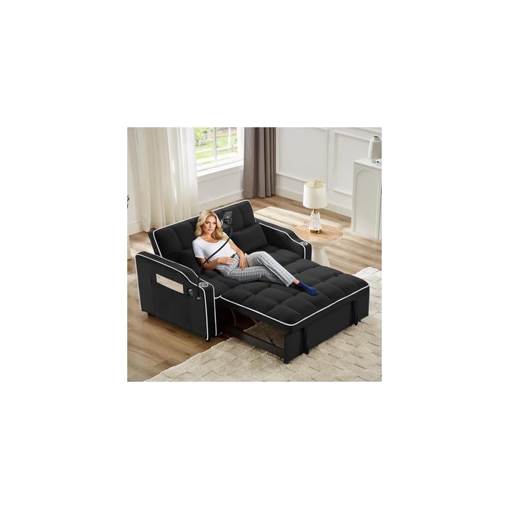 Sleeper Sofa Couch Bed with Phone Holder, Modern 3-in-1 Convertible Velvet Pull Out Loveseat Futon Sofa with USB & Type C Port & Cup Holder for Living Room Bedroom Office
