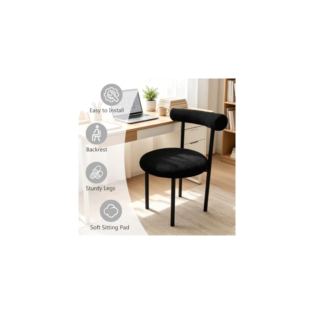 Black Vanity Chair, Boucle Desk Chair with Back for Bedroom