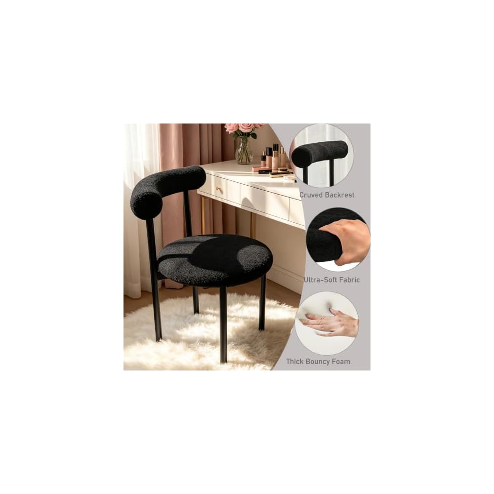 Black Vanity Chair, Boucle Desk Chair with Back for Bedroom