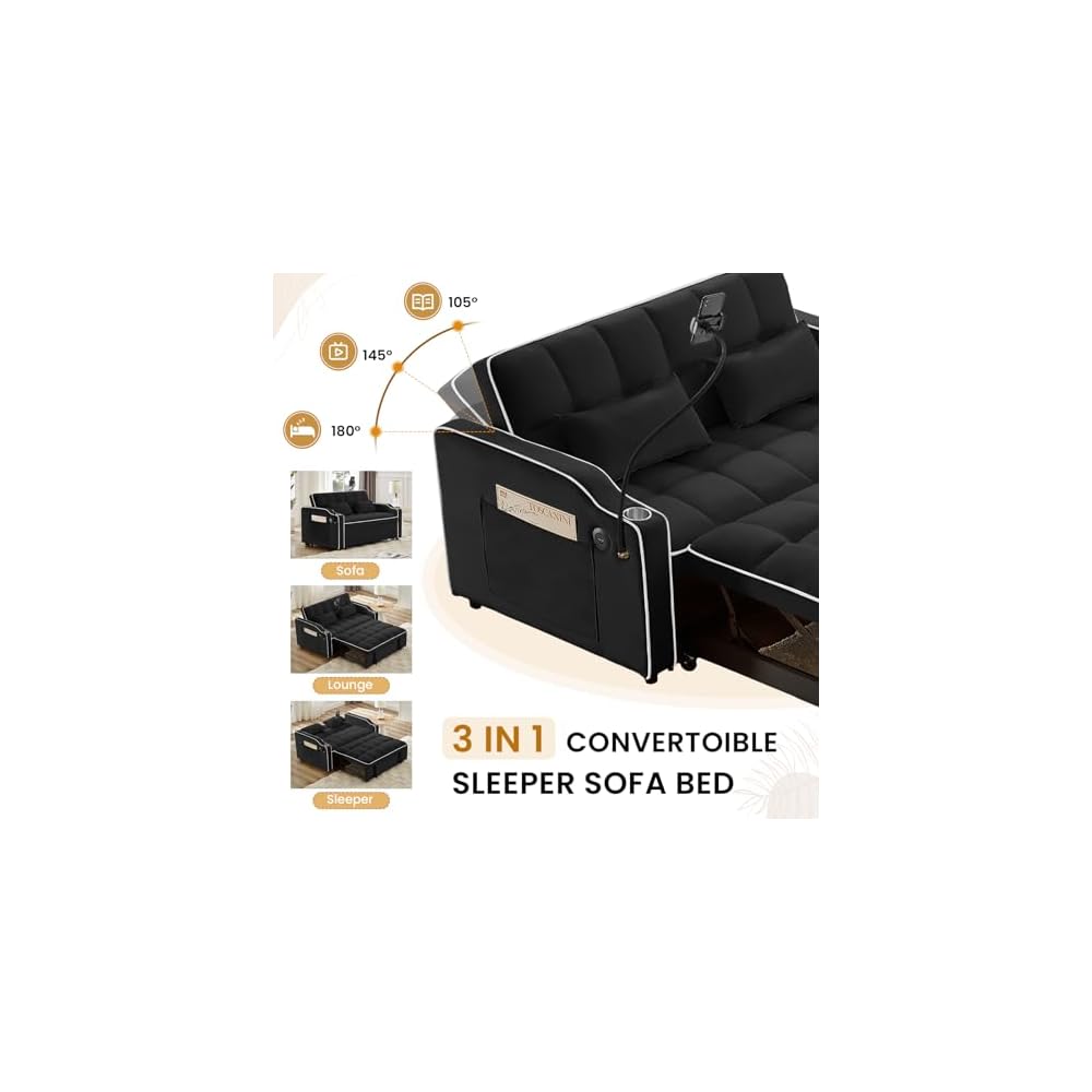 Sleeper Sofa Couch Bed with Phone Holder, Modern 3-in-1 Convertible Velvet Pull Out Loveseat Futon Sofa with USB & Type C Port & Cup Holder for Living Room Bedroom Office