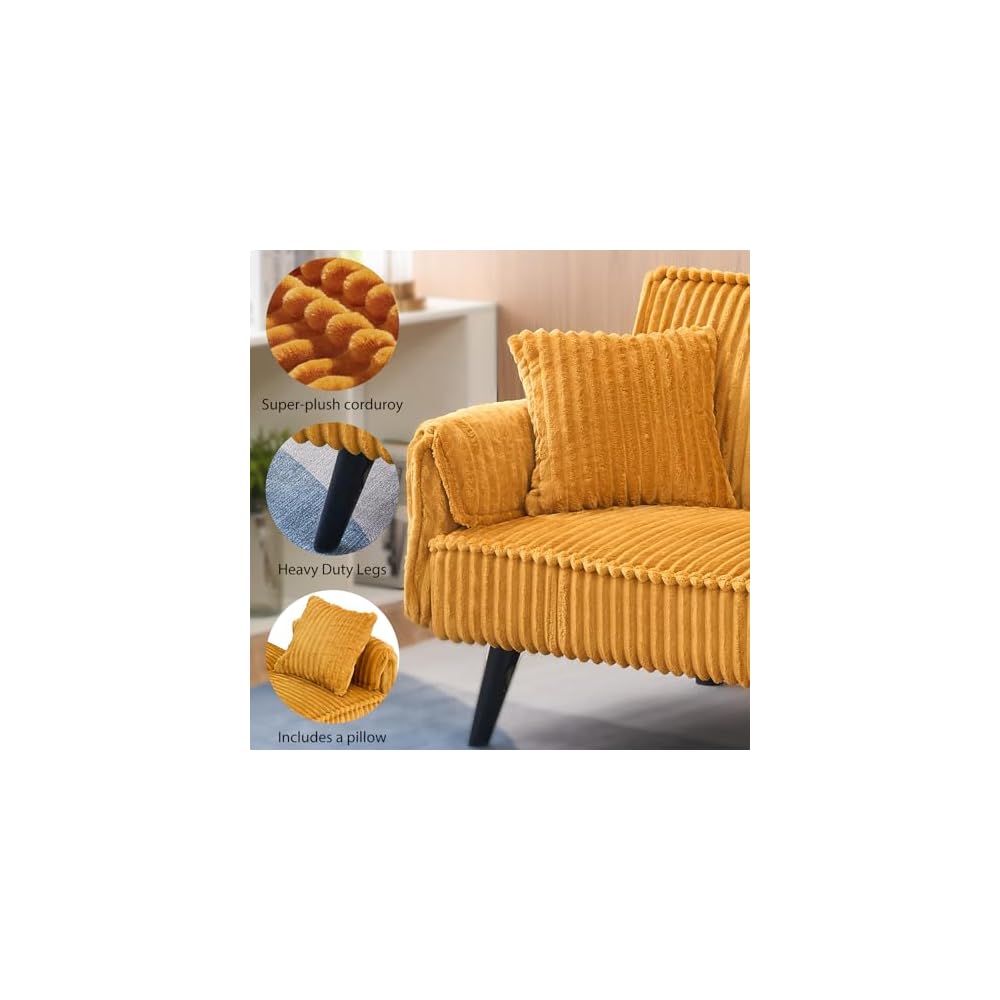 72'' Futon Sofa Bed,Convertible Sleeper Couch with Adjustable Backrest,Corduroy Comfortable Double Couple Lounge Chair,With a Pillow and Cup Holder,Ldeal for Small Spaces,Living Rooms (Orange)