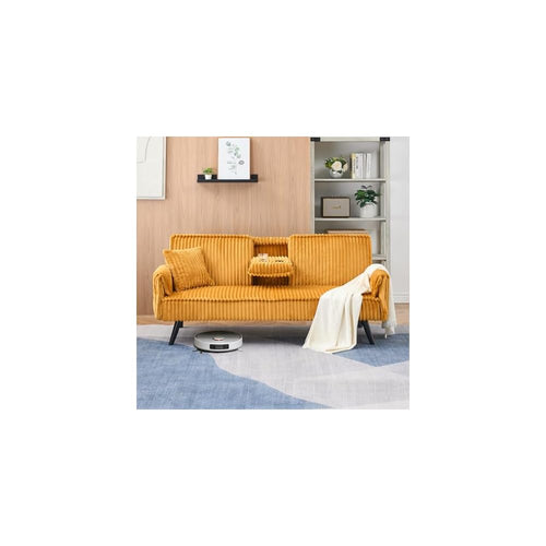 72'' Futon Sofa Bed,Convertible Sleeper Couch with Adjustable Backrest,Corduroy Comfortable Double Couple Lounge Chair,With a Pillow and Cup Holder,Ldeal for Small Spaces,Living Rooms (Orange)