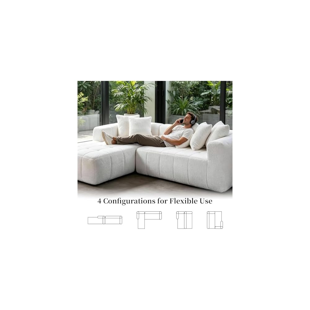 108 Inch Oversized Modular Sectional Sofa, L-Shaped Floor Couch with Extra Deep Seats, Modern Minimalist Upholstered Sofa, No Assembly Sofa Couch for Living Room, Bedroom, Apartment (Right-White)