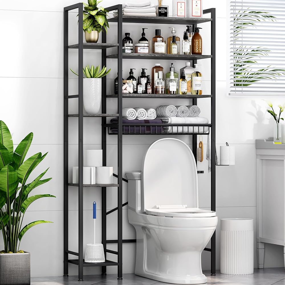 Kalrin 8-Tier Over The Toilet Storage with Side Rack, Over Toilet Storage Rack with Adjustable Shelf & Drain Basket, Freestanding Bathroom Organizer for Balcony, Laundry (Modern Grey)