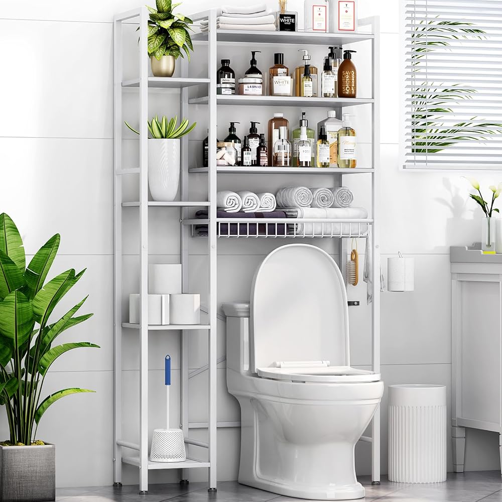 Kalrin 8-Tier Over The Toilet Storage with Side Rack, Over Toilet Storage Rack with Adjustable Shelf & Drain Basket, Freestanding Bathroom Organizer for Balcony, Laundry (Modern Grey)