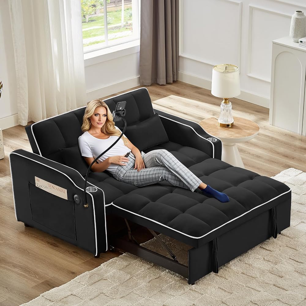 Sleeper Sofa Couch Bed with Phone Holder, Modern 3-in-1 Convertible Velvet Pull Out Loveseat Futon Sofa with USB & Type C Port & Cup Holder for Living Room Bedroom Office