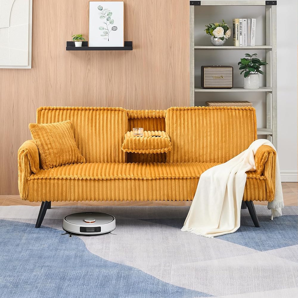 72'' Futon Sofa Bed,Convertible Sleeper Couch with Adjustable Backrest,Corduroy Comfortable Double Couple Lounge Chair,With a Pillow and Cup Holder,Ldeal for Small Spaces,Living Rooms (Orange)